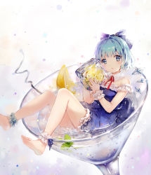 Rule 34 | 1girl, adapted costume, ankle cuffs, bad id, bad pixiv id, bare shoulders, barefoot, blue dress, blue eyes, blue hair, cirno, cocktail, cocktail glass, cup, dress, drinking glass, food, fruit, highres, ice, ice cube, ice wings, in container, lemon, lemon slice, looking at viewer, matching hair/eyes, mini person, minigirl, nosaki, sitting, solo, strapless, strapless dress, touhou, wings, wrist cuffs