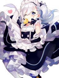 Rule 34 | 1girl, aged down, animal, apron, azur lane, bare shoulders, belfast (azur lane), bird, blue dress, blue eyes, blush, braid, breasts, brown footwear, chick, closed mouth, commentary, commentary request, dress, frilled apron, frilled skirt, frills, gloves, hair ornament, hair ribbon, heart, heart in eye, highres, long hair, looking at viewer, maid headdress, one eye closed, parted lips, pomu (pomu me), ribbon, silver hair, simple background, skirt, sleeveless, sleeveless dress, small breasts, solo, symbol in eye, waist apron, white apron, white background, white gloves, white legwear
