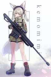 Rule 34 | 1girl, absurdres, animal ear fluff, animal ears, anti-materiel rifle, bad id, bad pixiv id, barrett m82, bike shorts, cat ears, cat tail, closed mouth, fang, fang out, full body, gun, hair over one eye, headset, highres, holding, holding weapon, jacket, long hair, long sleeves, microphone, military, military jacket, military uniform, original, rifle, rucaco, scope, silver hair, smile, sniper rifle, solo, standing, tail, twintails, uniform, weapon, weapon request, yellow eyes
