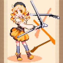 Rule 34 | 10s, 1girl, beret, blonde hair, boots, detached sleeves, drill hair, grey thighhighs, gun, hat, long hair, lowres, magical musket, mahou shoujo madoka magica, mahou shoujo madoka magica (anime), miranko, pixel art, pleated skirt, puffy sleeves, rifle, skirt, solo, standing, thighhighs, tomoe mami, twin drills, twintails, weapon, yellow eyes, zettai ryouiki