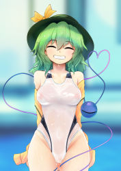 Rule 34 | ^ ^, arms behind back, bare shoulders, bow, breasts, closed eyes, collarbone, covered erect nipples, covered navel, cowboy shot, dripping, eyeball, facing viewer, gluteal fold, green hair, grin, hair between eyes, hat, hat bow, heart, heart of string, highleg, highleg swimsuit, highres, komeiji koishi, long sleeves, medium breasts, medium hair, nama shirasu, nipples, off shoulder, one-piece swimsuit, see-through, smile, solo, stomach, string, swimsuit, third eye, touhou, water, wet, wet clothes, wet face, wet swimsuit