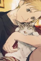 Rule 34 | 1boy, alphonse elric, animal, arm support, backlighting, biiko (king1015g), black shirt, black shorts, blonde hair, blurry, blurry background, cat, closed mouth, elbow on knee, fullmetal alchemist, green eyes, head tilt, holding, holding animal, holding cat, indoors, knee up, light smile, looking at viewer, male focus, picture frame, shirt, shorts, slit pupils, swept bangs, tareme, wall, whiskers, yellow eyes