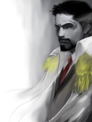Rule 34 | 1boy, beard, black hair, closed mouth, coat, coat on shoulders, commentary request, epaulettes, facial hair, looking at viewer, male focus, monkey d. garp, mustache, necktie, nomark-karinto, one piece, red necktie, scar, scar on face, short hair, solo, uniform