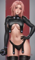 Rule 34 | 1girl, artist name, black bodysuit, blush, bodysuit, breasts, chloe (sciamano240), closed mouth, commentary, cosplay, cowboy shot, dated, english commentary, eyelashes, freckles, gantz, gantz suit, gluteal fold, hand on own hip, holding, holding sword, holding weapon, large breasts, legs apart, lips, looking at viewer, medium hair, navel, original, parted bangs, pink hair, red eyes, sciamano240, signature, skin tight, solo, standing, sword, taut bodysuit, thigh strap, thighhighs, underboob, weapon