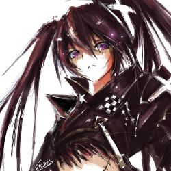 Rule 34 | 10s, 1girl, :&lt;, bad id, bad pixiv id, black rock shooter, cross, female focus, from below, insane black rock shooter, lowres, midriff, monochrome, scar, sketch, solo, spot color, star (symbol), stu dts, twintails, white background