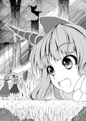 Rule 34 | 3girls, bow, cirno, daiyousei, fairy wings, fang, forest, giant, giantess, greyscale, hair bow, horns, ibuki suika, kuro oolong, lying, monochrome, multiple girls, nature, open mouth, side ponytail, smile, touhou, tree, wings