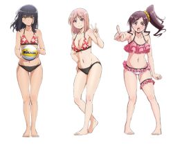 Rule 34 | 3girls, ball, barefoot, black hair, blush, breasts, closed mouth, collarbone, dot nose, eyebrows, flat chest, full body, hand on own hip, legs apart, medium breasts, medium hair, multiple girls, navel, neck, open mouth, oshino akari, pink eyes, pointing, ponytail, purple eyes, simple background, smile, split mouth, standing, straight-on, swimsuit, tagme, white background, yellow eyes