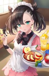 Rule 34 | 1girl, apple, apple slice, apron, asymmetrical bangs, berry (pokemon), black bow, black hair, blush, bow, collared shirt, commentary, creatures (company), cup, curry, curry rice, dress, drinking glass, english commentary, food, fruit, game freak, gen 8 pokemon, green eyes, hair ribbon, highres, hitsukuya, holding, holding tray, ice cream, ice cream float, indoors, long hair, looking at viewer, maid headdress, marnie (pokemon), morpeko, morpeko (full), nintendo, oran berry, parted lips, pecha berry, pink dress, plate, pokemon, pokemon (creature), pokemon swsh, puffy short sleeves, puffy sleeves, rawst berry, red apple, red ribbon, ribbon, rice, shirt, short sleeves, tray, twintails, unfinished, white apron, window, wrist cuffs