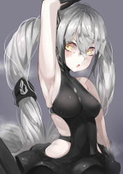 Rule 34 | 1girl, absurdres, arm up, armpits, breasts, destroyer (girls&#039; frontline), girls&#039; frontline, highres, long hair, medium breasts, sangvis ferri, silver hair, skindentation, solo, steaming body, torriet, twintails, very long hair, yellow eyes
