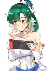 Rule 34 | 1girl, bare shoulders, blush, breasts, bride, console, dress, earrings, fire emblem, fire emblem: the blazing blade, fire emblem heroes, green eyes, green hair, high ponytail, highres, jewelry, large breasts, long hair, looking at viewer, lyn (bridal) (fire emblem), lyn (fire emblem), nintendo, nintendo switch, official alternate costume, ormille, ponytail, simple background, smile, solo, strapless, strapless dress, super smash bros., very long hair, wedding dress, white background, white dress