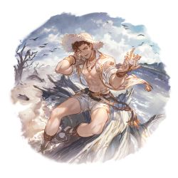 Rule 34 | 1boy, abs, bare pectorals, bird, bracelet, brown hair, choker, cloud, cloudy sky, conch, ear piercing, foot out of frame, gladiator sandals, granblue fantasy, hat, jacket, jewelry, lobelia (granblue fantasy), looking at viewer, navel, necklace, official art, one eye closed, open clothes, open jacket, pectorals, piercing, sandals, seashell, shell, shorts, sitting, sky, sleeves rolled up, smile, solo, straw hat, transparent background, tree, water, white shorts