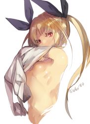 Rule 34 | 1girl, black ribbon, blazblue, blonde hair, breasts, hair ribbon, hyakuhachi (over3), long hair, looking at viewer, navel, no bra, rachel alucard, red eyes, ribbon, slit pupils, small breasts, solo, twintails, undressing, upper body