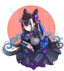 Rule 34 | 1girl, :o, black dress, blue dress, blush, book, breast press, breasts, bug, butterfly, commentary, cone hair bun, corset, double bun, dress, eyebrows, fate/grand order, fate (series), frilled shirt collar, frills, from above, gem, hair between eyes, hair bun, hair ornament, holding, holding book, insect, juliet sleeves, kneeling, large breasts, long hair, long sleeves, looking at viewer, looking up, murasaki shikibu (fate), puff and slash sleeves, puffy sleeves, purple eyes, purple gemstone, red circle, sagamiso, solo, spiral, striped, twitter username, very long hair