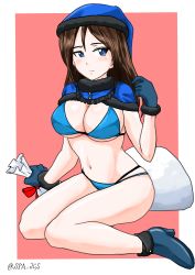 Rule 34 | 1girl, artist name, bikini, blue bikini, blue gloves, blue hat, blush, breasts, brown eyes, brown hair, cleavage, closed mouth, female focus, girls und panzer, gloves, groin, hat, highres, large breasts, long hair, looking at viewer, navel, nonna (girls und panzer), nspa (spa-jcs), sack, shiny skin, simple background, sitting, skindentation, solo, swimsuit, two-tone background