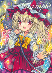 Rule 34 | 1girl, :d, back bow, blonde hair, blue brooch, bow, bowtie, brooch, cowboy shot, crystal, dark background, fang, flandre scarlet, frilled bow, frilled hat, frilled skirt, frilled sleeves, frilled vest, frills, glowing, hat, hat ribbon, holding, holding wand, jewelry, laevatein (touhou), long sleeves, looking at viewer, marker (medium), medium hair, mob cap, open mouth, red eyes, red ribbon, red skirt, red vest, ribbon, rui (sugar3), sample watermark, side ponytail, skin fang, skirt, skirt set, smile, solo, touhou, traditional media, vest, wand, watermark, white bow, white hat, wings, yellow bow, yellow bowtie