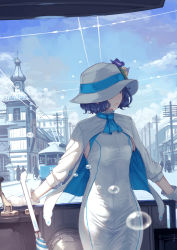 Rule 34 | 1girl, arm support, blue sky, breasts, brown hair, bubble, building, closed mouth, cloud, cloudy sky, commentary request, day, dress, flower, gloves, hat, hat flower, highres, jacket, kaoming, long sleeves, looking away, looking to the side, outdoors, purple flower, short hair, silhouette, sky, small breasts, solo focus, suntory, suntory nomu, virtual youtuber, white dress, white gloves, white hat, white jacket
