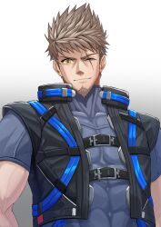 1boy absurdres bara brown_hair closed_mouth facial_hair goatee highres looking_at_viewer mature_male muscular muscular_male one_eye_closed rex_(xenoblade) ryuei_tachibana scar scar_across_eye simple_background solo spiked_hair upper_body white_background xenoblade_chronicles_(series) xenoblade_chronicles_3