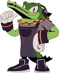 Rule 34 | 1boy, animal nose, apron, black apron, black footwear, bottomless, chain, chain necklace, colored skin, crocodilian, crocodilian tail, digimin, dirty, dirty clothes, full body, furry, furry male, gloves, gold, green skin, grey shirt, hand on own hip, hand up, happy, headphones, jewelry, legs apart, looking at viewer, male focus, multicolored skin, necklace, non-web source, official art, open mouth, pocket, pointing, pointing at self, reptile boy, sharp teeth, shirt, shoes, short sleeves, simple background, smile, snout, solo, sonic (series), splatter, standing, tail, teeth, the murder of sonic the hedgehog, transparent background, two-tone skin, vector the crocodile, white gloves, yellow eyes