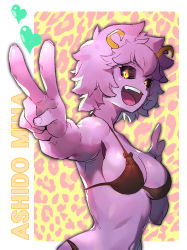 Rule 34 | 1girl, ashido mina, bad id, bad twitter id, bikini, black sclera, boku no hero academia, character name, colored sclera, colored skin, coon, double v, heart, horns, looking at viewer, open mouth, pink hair, pink skin, shiny skin, short hair, solo, swimsuit, v, yellow eyes
