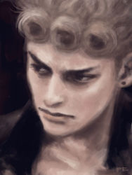 Rule 34 | 1boy, blonde hair, earrings, giorno giovanna, jewelry, jojo no kimyou na bouken, looking to the side, male focus, manly, pekanpeka, portrait, realistic, signature, solo, vento aureo