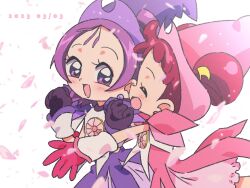 Rule 34 | 2girls, :d, blush, cherry blossoms, clenched hands, closed eyes, dated, double bun, dress, earrings, falling petals, gloves, hair bun, happy, harukaze doremi, hat, highres, jewelry, looking at another, magical girl, multiple girls, ojamajo doremi, open mouth, outstretched arm, petals, pink dress, pink gloves, pink headwear, polyushitako, purple dress, purple eyes, purple hair, purple headwear, red hair, segawa onpu, short hair, smile, witch hat