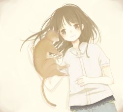Rule 34 | 1girl, bad id, bad pixiv id, blouse, brown eyes, brown hair, brown theme, cat, flat chest, hinao (flowerrabbit2348), lace, long hair, lying, monochrome, on back, original, sepia, shirt, short sleeves, simple background, sleeping, solo, tears