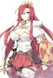 Rule 34 | 1girl, boudica (fate), boudica (third ascension) (fate), breasts, cleavage, crown, fate/grand order, fate (series), fur trim, ge-b, green eyes, juliet sleeves, large breasts, long hair, long sleeves, looking at viewer, puffy sleeves, red hair, shield, shrug (clothing), simple background, sketch, skirt, solo, sword, thighhighs, weapon, white background, zettai ryouiki