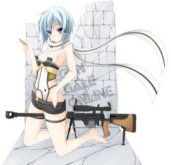 Rule 34 | 10s, 1girl, ammunition, anti-materiel rifle, armpits, bare shoulders, barefoot, belt, between legs, blue eyes, blue hair, bolt action, breast press, breasts, buckle, bullet, cartridge, cleavage, clothing cutout, full body, gun, hair ornament, kneeling, matching hair/eyes, pgm hecate ii, rifle, scarf, short hair, short shorts, shorts, side cutout, sinon, sniper rifle, solo, stone wall, sword art online, toes, tomosuke, wall, weapon