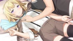 Rule 34 | 1boy, 1girl, black shirt, black thighhighs, blonde hair, blue neckwear, grabbing another&#039;s breast, breasts, brown capelet, brown shorts, capelet, closed mouth, collarbone, couple, dress shirt, game cg, grabbing, highres, kamisama no you na kimi e, kantoku, lana liddell-hart, long hair, long sleeves, lying, official art, on back, on side, purple eyes, shiromae kaito, shirt, short shorts, shorts, small breasts, straight hair, suspender shorts, suspenders, thighhighs, white shirt, zettai ryouiki