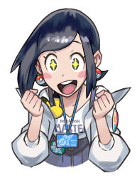 Rule 34 | 1girl, badge, black eyes, black hair, blue skirt, blush stickers, body blush, button badge, character badge, clenched hands, clothes writing, collarbone, copyright name, creatures (company), earrings, game freak, gen 1 pokemon, gen 2 pokemon, hair behind ear, id card, jacket, jewelry, kana (pokemon), nintendo, off-shoulder jacket, off shoulder, official art, open clothes, open jacket, open mouth, pikachu, poke ball earrings, poke ball print, poke ball symbol, poke ball theme, pokemon, pokemon (creature), pokemon masters ex, porygon2, shirt, skirt, smile, solo, sparkling eyes, star (symbol), star print, suspender skirt, suspenders, teeth, tongue, upper body, upper teeth only, white background, white jacket, white shirt, zipper pull tab