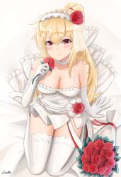 Rule 34 | 1girl, bare shoulders, bed, blonde hair, blush, bouquet, bridal veil, choker, dress, elbow gloves, flower, gamryous, girls&#039; frontline, gloves, hairband, highres, holding, jewelry, long hair, looking at viewer, official alternate costume, petals, ponytail, red eyes, ring, rose petals, smile, solo, sv-98 (girls&#039; frontline), sv-98 (pierce your heart!) (girls&#039; frontline), thighhighs, veil, wedding dress, white gloves