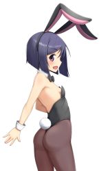 Rule 34 | 1girl, alfort (may0508), animal ears, ass, bare shoulders, black pantyhose, blush, bow, bowtie, breasts, detached collar, fake animal ears, highres, leotard, looking at viewer, open mouth, original, pantyhose, playboy bunny, purple eyes, rabbit ears, rabbit tail, short hair, simple background, small breasts, smile, solo, tail, white background, wrist cuffs