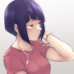 Rule 34 | 1girl, blue eyes, blunt bangs, blush, boku no hero academia, breasts, commentary request, grey background, hand in own hair, hand up, highres, jirou kyouka, kobaji, medium breasts, pink shirt, purple eyes, purple hair, shirt, short hair, short sleeves, simple background, solo, torn clothes, torn shirt, upper body
