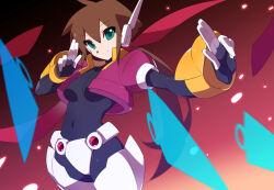 Rule 34 | 1girl, aile (mega man zx), armor, breasts, brown hair, cropped jacket, crotch plate, energy blade, green eyes, jacket, kaidou zx, kunai, long hair, mask, mega man (series), mega man zx, mega man zx advent, model px (mega man), power armor, purple jacket, red scarf, scarf, small breasts, solo, weapon