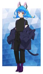 Rule 34 | 1girl, animal ear fluff, animal ears, black pants, black shirt, blue background, blue coat, blue hair, blush, boots, border, braid, cat ears, cat girl, cat tail, clothes down, coat, fashion, frown, full body, hat ornament, high heel boots, high heels, highres, kousuke0912, long hair, looking at viewer, multicolored eyes, orange eyes, outside border, pants, precure, purple footwear, shirt, solo, star color pen, star twinkle precure, suspenders, tail, triangle, twin braids, white border, yellow eyes, yuni (precure)