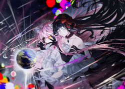 Rule 34 | 2girls, absurdly long hair, absurdres, akemi homura, akuma homura, bare shoulders, black dress, black gloves, black hair, bow, choker, closed eyes, dark orb (madoka magica), dress, earth (planet), elbow gloves, feathered wings, frilled dress, frills, from behind, gloves, hair bow, hands on another&#039;s face, highres, jacket, kaname madoka, layered dress, layered sleeves, long hair, mahou shoujo madoka magica, mahou shoujo madoka magica: hangyaku no monogatari, multiple girls, pink gemstone, pink hair, planet, short sleeves, sidelocks, swept bangs, theo323409, two side up, ultimate madoka, very long hair, white bow, white choker, white dress, white gloves, white jacket, wide sleeves, wings, yellow eyes, yuri