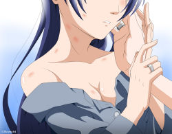 Rule 34 | 10s, 1girl, bare shoulders, blue hair, blush, breasts, cleavage, close-up, collarbone, holding hands, hands on another&#039;s face, hickey, highres, jewelry, lips, love live!, love live! school idol project, off shoulder, open clothes, parted lips, remchi, ring, small breasts, sonoda umi, upper body