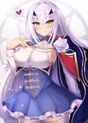 Rule 34 | 1girl, aged up, alternate breast size, blue dress, breasts, brown eyes, cape, dress, fate/grand order, fate (series), forked eyebrows, frills, grin, highres, hiiro h, large breasts, long hair, long sleeves, looking at viewer, melusine (fate), melusine (second ascension) (fate), sidelocks, smile, solo, thighhighs, thighs, white hair, white thighhighs