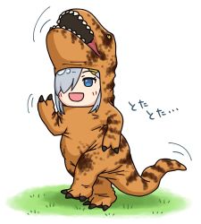 Rule 34 | 1girl, animal costume, blue eyes, commentary request, dinosaur costume, grass, grey hair, hair ornament, hair over one eye, hairclip, hama! (3toshinhmkz), hamakaze (kancolle), kantai collection, looking at viewer, open mouth, running, short hair, simple background, smile, solo, tyrannosaurus rex, white background