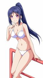Rule 34 | 10s, 1girl, bikini, blue hair, blush, breasts, cleavage, commentary request, hair ornament, hairclip, long hair, looking at viewer, love live!, love live! sunshine!!, matsuura kanan, medium breasts, navel, on railing, ponytail, purple eyes, railing, sidelocks, simple background, sitting, smile, solo, standing, strap lift, swimsuit, white background, white bikini, yopparai oni