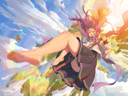 Rule 34 | 1girl, absurdres, barefoot, black skirt, blue sky, blunt ends, character request, chinese commentary, cloud, cloudy sky, commentary request, eyelashes, feet, fern (sousou no frieren), floating hair, foot focus, foreshortening, full body, fur trim, hand up, highres, holding, holding staff, legs, long hair, long sleeves, looking at viewer, midair, open mouth, outdoors, purple hair, purple scarf, scarf, skirt, sky, soles, solo focus, sousou no frieren, sqh510, staff, toenails, toes