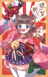 Rule 34 | 1girl, 2021, :d, animal ears, arrow (projectile), bead necklace, beads, bell, blue eyes, blush, brown hair, chinese zodiac, commentary request, cow ears, cow girl, cow horns, cow tail, facepaint, fang, floral print, hagoita, hair ornament, hakama, hakama short skirt, hakama skirt, hamaya, hanetsuki, highres, horns, japanese clothes, jewelry, jingle bell, looking at viewer, namaonpa, necklace, open mouth, original, paddle, pleated skirt, sandals, short hair, skirt, smile, solo, tail, thighhighs, white thighhighs, wide sleeves, year of the ox, zettai ryouiki