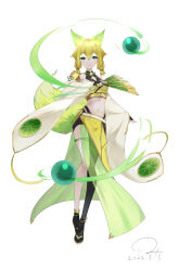 1girl absurdres animal_ears anklet artist_name asymmetrical_legwear bell blonde_hair blush braid breasts closed_mouth detached_sleeves duel_monster fox_ears fox_girl fox_tail full_body gem green_eyes hand_fan highres holding holding_fan hu-li_the_jewel_mikanko japanese_clothes jewelry long_sleeves looking_at_viewer medium_breasts midriff navel neck_bell original pelvic_curtain short_hair simple_background solo tail thighs twin_braids white_background yimi_tangyuan yu-gi-oh!