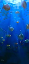 Rule 34 | animal, blue theme, bubble, fish, hamster, highres, light, no humans, ocean, original, saskia gutekunst, scenery, signature, swimming, underwater, water
