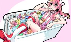 Rule 34 | 1girl, bathtub, blush, boots, borrowed character, bow, cream, cream on face, cupcake, cupcake-chan, dress, licking finger, food, food on face, hair bow, highres, kekekeke, knee boots, licking, long hair, original, pink hair, solo, striped, twintails, yellow eyes