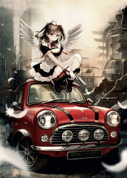 Rule 34 | 1girl, apron, black dress, black footwear, black hair, boots, bow, breasts, building, car, cleavage, closed mouth, commentary request, dress, feathered wings, frilled apron, frills, green eyes, gun, handgun, hat, holding, holding gun, holding weapon, looking at viewer, medium breasts, mini cooper, mini hat, motor vehicle, multicolored hair, on vehicle, original, pierorabu, puffy short sleeves, puffy sleeves, red bow, ruins, short sleeves, signature, solo, thighhighs, thighhighs under boots, two-tone hair, vehicle focus, weapon, white apron, white hat, white thighhighs, white wings, wings, wrist cuffs