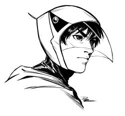 Rule 34 | 1boy, cape, commentary, dave rapoza, english commentary, gatchaman, helmet, ink (medium), ken the eagle, looking ahead, male focus, monochrome, portrait, scan, science fiction, serious, signature, sketch, traditional media, uniform, western comics (style), white background
