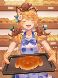 Rule 34 | 1girl, :d, ^ ^, alternate costume, animal, animal ear fluff, animal ears, animal on head, animal on shoulder, apron, bakery, baking sheet, blonde hair, blue bow, blush, bow, braid, bread, brown shirt, closed eyes, collarbone, commentary request, dog, dog ears, erune, facing viewer, fang, flower, food, granblue fantasy, hair flower, hair ornament, happy, highres, holding, on head, open mouth, oven mitts, sailor collar, shirt, shop, short hair, short sleeves, smile, thick eyebrows, umiboozu (uminoyoukai), vajra (granblue fantasy), white apron, white flower, white sailor collar