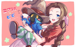 Rule 34 | 1boy, 1girl, adjusting clothes, adjusting headwear, aerith gainsborough, alternate eye color, bangle, black mage (final fantasy), blue coat, blue eyes, boots, border, bracelet, braid, braided ponytail, brown footwear, brown gloves, brown hair, character name, choker, coat, cropped jacket, dress, final fantasy, final fantasy ix, final fantasy vii, final fantasy vii remake, gloves, hair ribbon, hat, hug, hug from behind, iwanaga tm, jacket, jewelry, long hair, looking at viewer, one eye closed, open mouth, pants, parted bangs, pink background, pink dress, pink ribbon, red jacket, ribbon, short sleeves, sidelocks, smile, square enix, striped clothes, striped pants, teeth, upper body, upper teeth only, vivi ornitier, wizard hat, yellow eyes