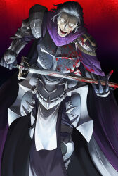 Rule 34 | 1boy, armor, black hair, blank eyes, blood, blood on clothes, bloody weapon, breastplate, crazy smile, fate/grand order, fate (series), feet out of frame, gilles de rais (saber) (fate), highres, itaru (kidomh63), looking at viewer, male focus, pelvic curtain, short hair, smile, solo, vambraces, weapon